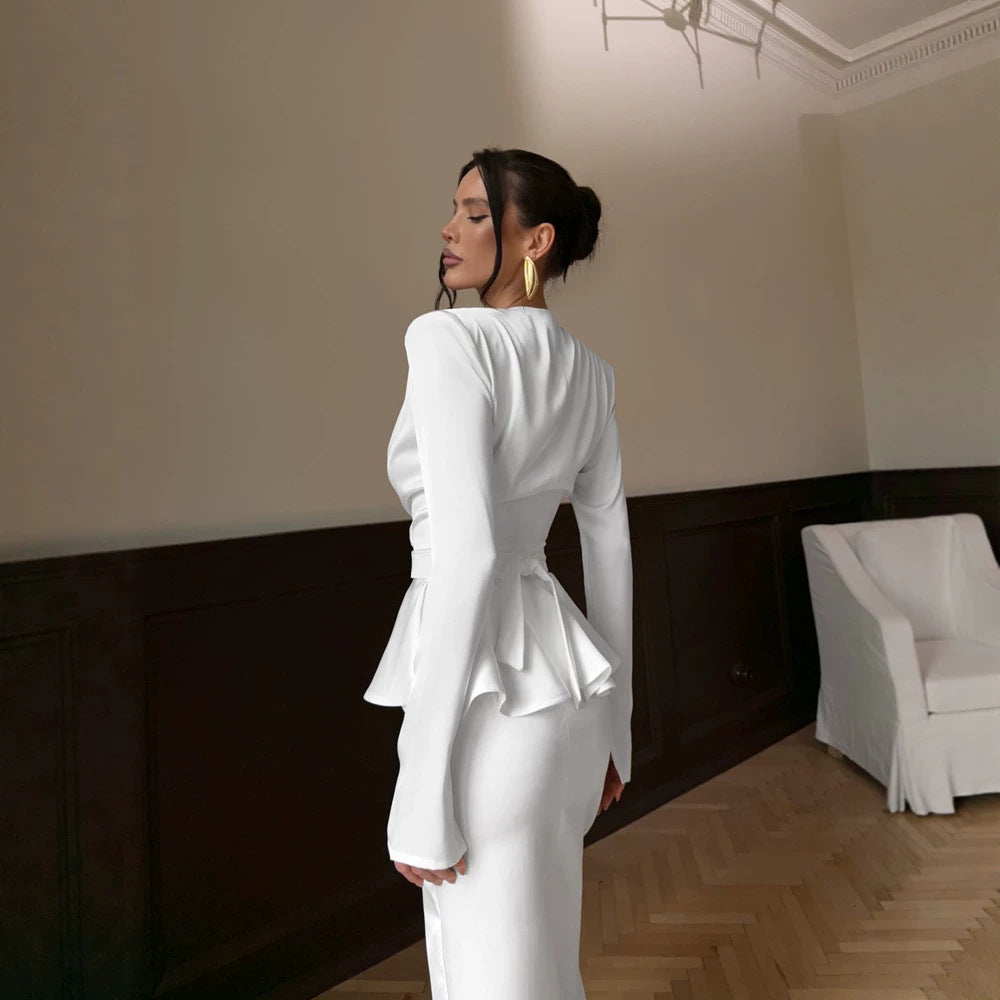 Damen Tailliertes Abendkleid mit Peplum‑Taille und langen Ärmeln Shop Nory