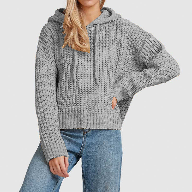 Damen Grobstrick-Kapuzenpullover mit Waffelstruktur, überschnittener Schulter und kurzem Saum Shop Nory