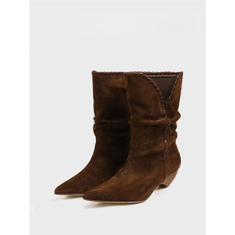 Damen Midcalf Slouch‑Stiefel aus Veloursleder mit spitzer Zehenpartie und sculpted Kitten‑Absatz Shop Nory
