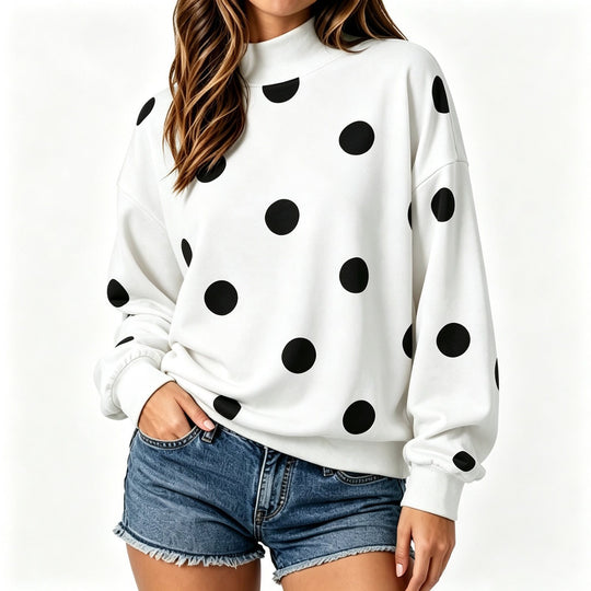 Damen Locker geschnittenes Sweatshirt mit Stehkragen und großen Punkten Shop Nory