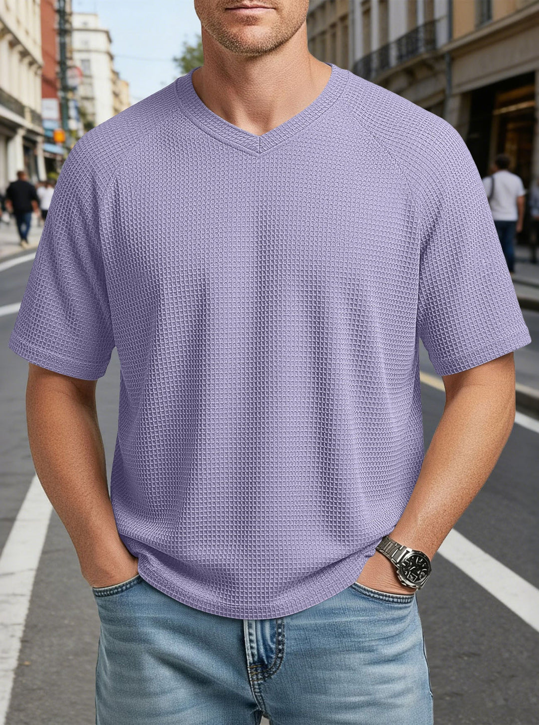 Herren nan lässiges V-Ausschnitt Waffelstrick-T-Shirt aus atmungsaktivem Baumwollmix