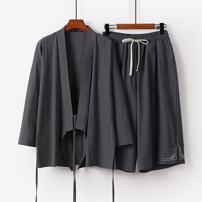 Damen Zen-Kimono-Lounge-Set aus atmungsaktivem Baumwollmix mit Bindebandjacke und weiten Culotte-Hose Shop Nory