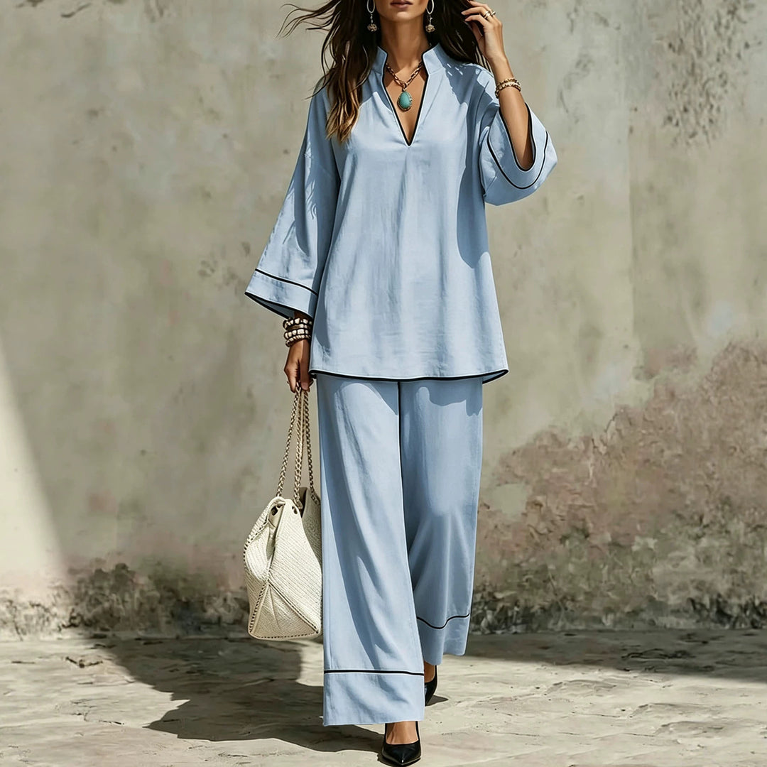 Damen Lässiges zweiteiliges Leinenoptik-Loungewear-Set mit Stehkragen, V-Ausschnitt und weitem Beinschnitt Shop Nory