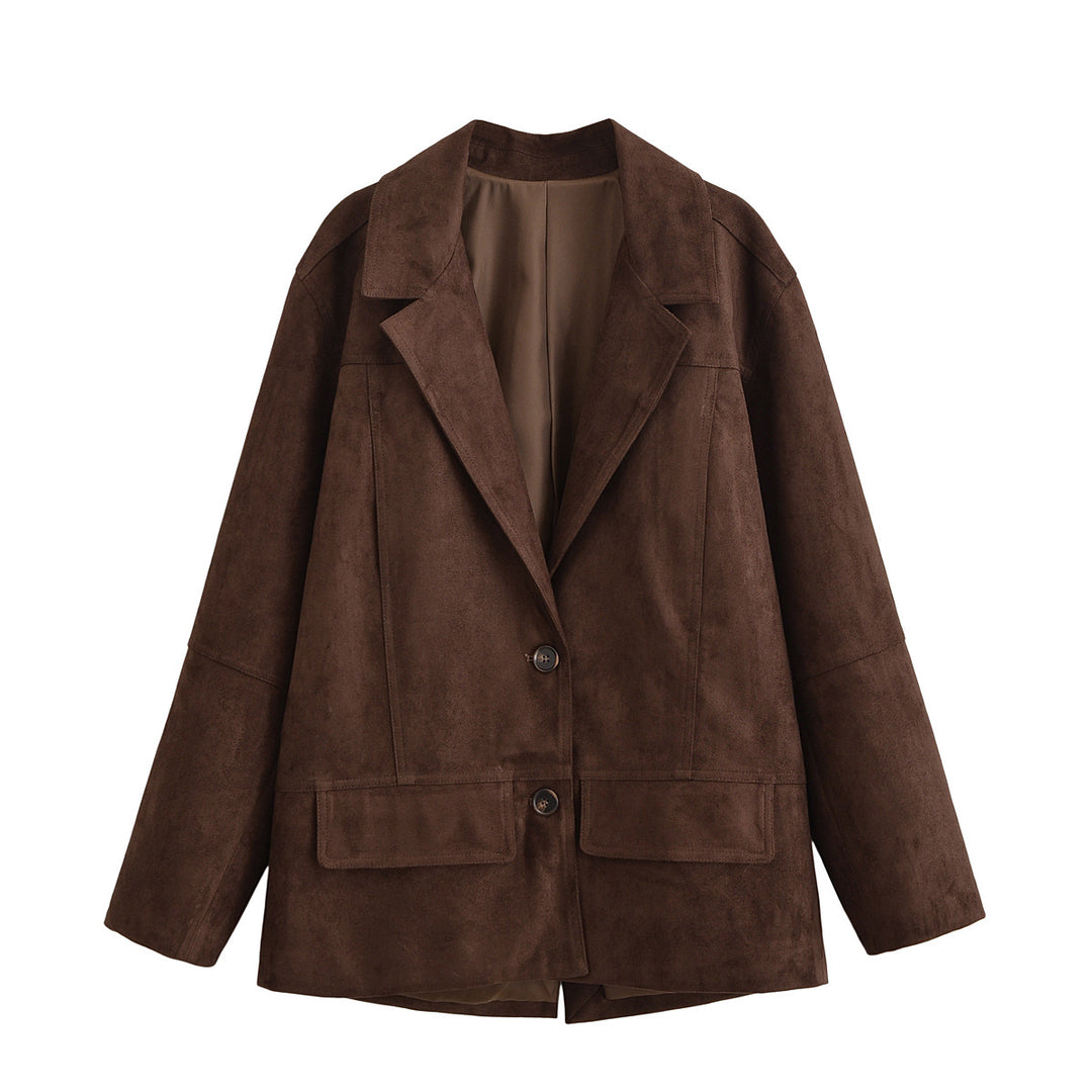 Damen Oversize Wildlederoptik-Blazerjacke mit Reverskragen und Pattentaschen Shop Nory