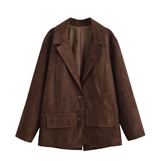 Damen Oversize Wildlederoptik-Blazerjacke mit Reverskragen und Pattentaschen Shop Nory