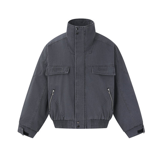 Herren Kurz geschnittene Canvas-Bomberjacke mit hohem Stehkragen, verdeckter Frontblende und Reißverschlusstaschen Shop Nory