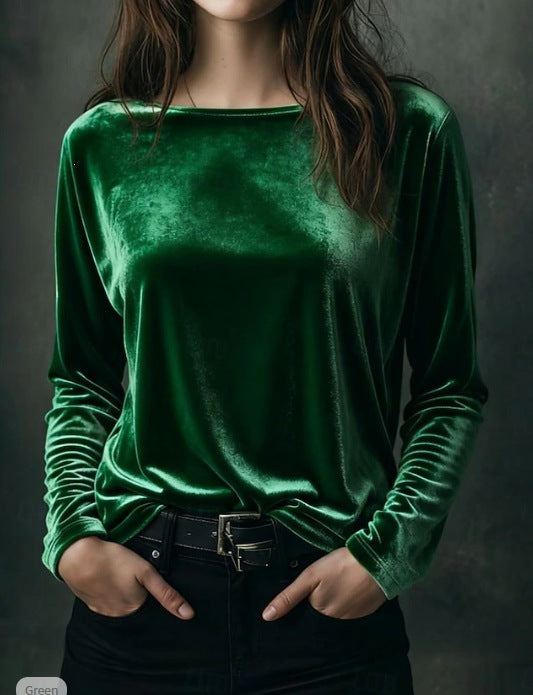Damen Feines Velours-Langarmshirt mit U-Boot-Ausschnitt und kastiger Silhouette Shop Nory