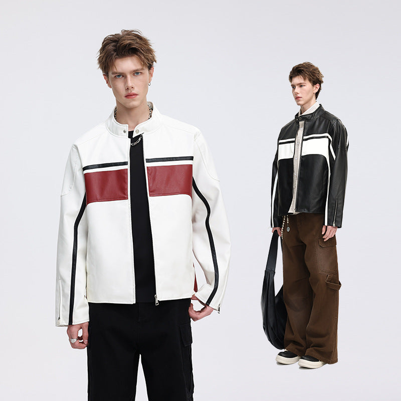 Herren Kontrast-Kunstleder-Bikerjacke mit Stehkragen und Zip-Ärmeln Shop Nory