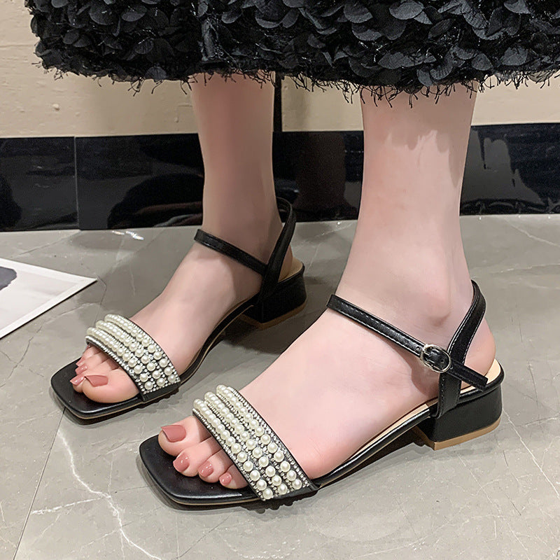 Damen elegante Sandalen mit Perlenverzierung und niedrigem Blockabsatz