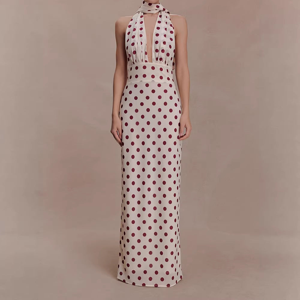 Damen Halter-Maxi-Kleid mit klassischen Punkten Shopnory