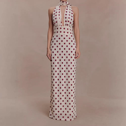 Damen Halter-Maxi-Kleid mit klassischen Punkten Shopnory