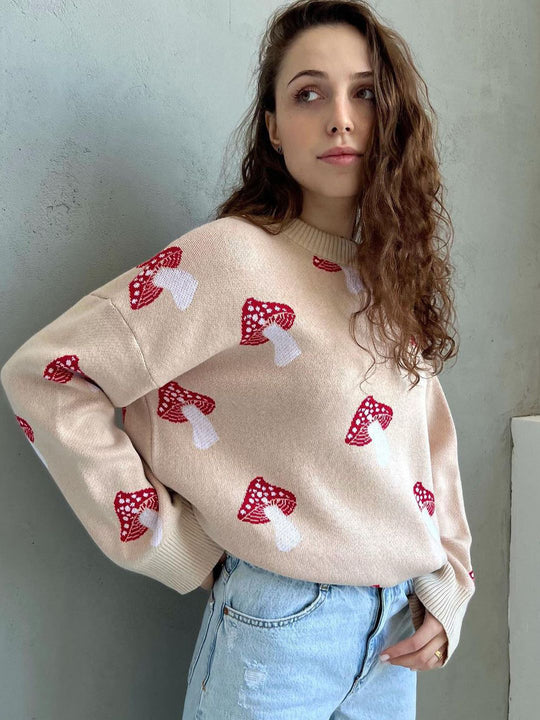 Damen weiter Strickpullover mit Pilzmotiv Rundhals Rippbündchen Shop Nory