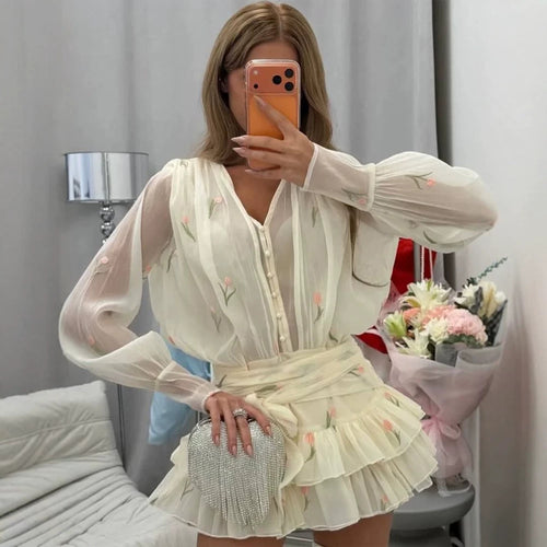 Damen Zweiteiliges Chiffon‑Set mit bestickter Transparentbluse und Volant‑Minirock Shop Nory