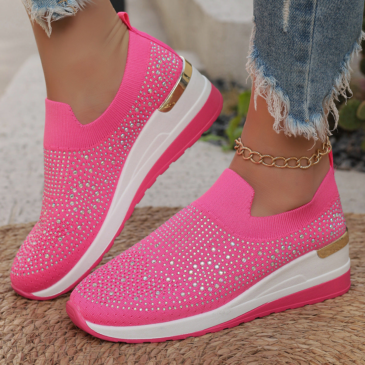 Damen Modische Sneaker mit Strass und Plateau Shopnory