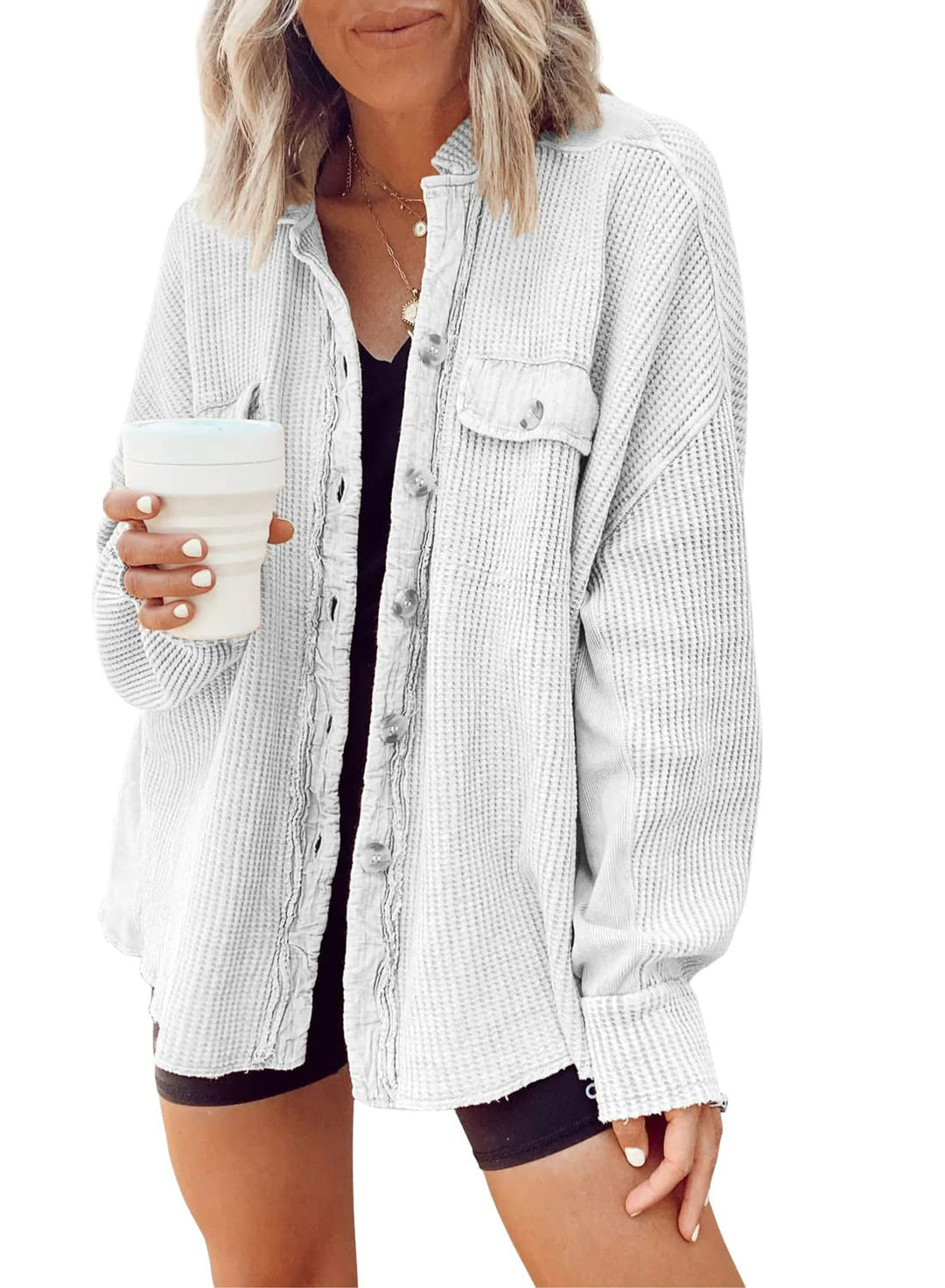 Damen Lässige Waffle-Strickjacke mit praktischen Taschen und Knopfdetails
