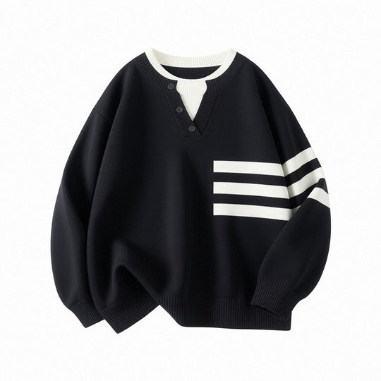 Damen Sportlicher Oversize Pullover mit Knopfleiste und Streifen Shop Nory