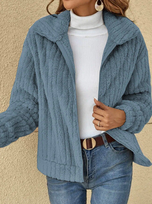 Damen nan kuschelige Teddyjacke mit durchgehendem Reißverschluss, Stehkragen und Eingrifftaschen Shop Nory