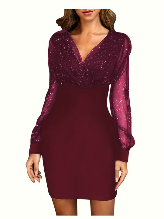 Damen Glitzerndes Cocktailkleid mit transparenten Ärmeln