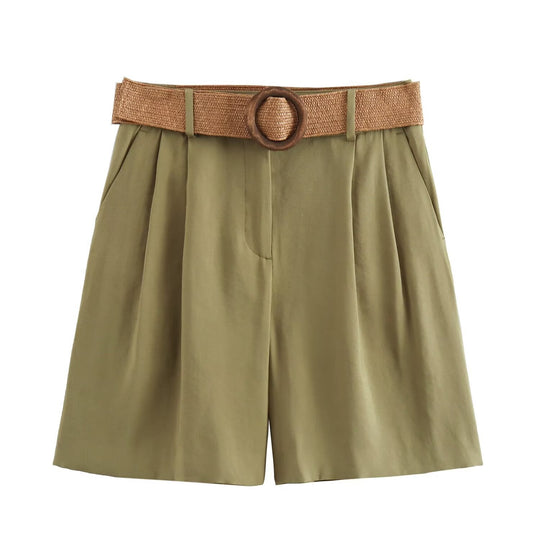 Damen elegante Shorts mit breitem, geflochtenem Gürtel