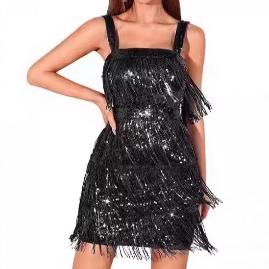 Damen Glamouröses Fransen-Cocktailkleid mit Pailletten und tiefem V-Ausschnitt