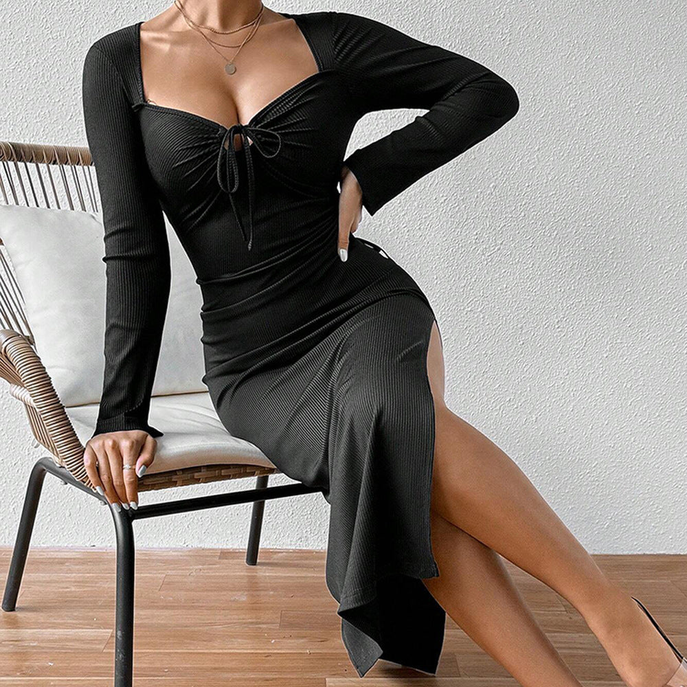 Damen geripptes Midikleid mit herzförmigem Bustier, Tunnelzug‑Bindung und hohem Seitenschlitz Shop Nory
