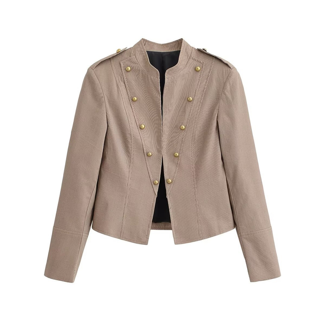 Damen Kurzgeschnittene taillierte Militärjacke mit Stehkragen und Zierknöpfen Shop Nory
