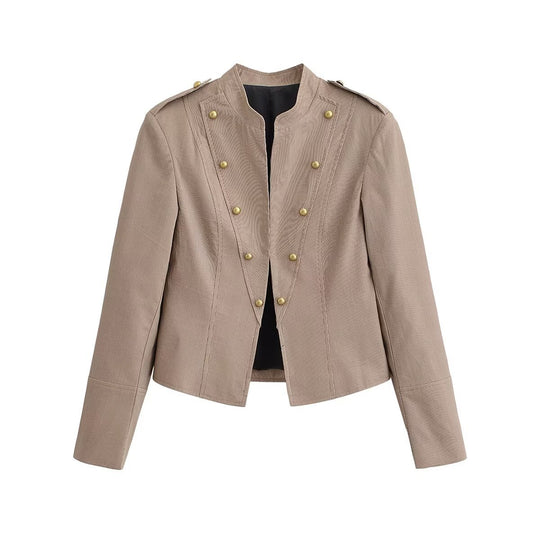 Damen Kurzgeschnittene taillierte Militärjacke mit Stehkragen und Zierknöpfen Shop Nory