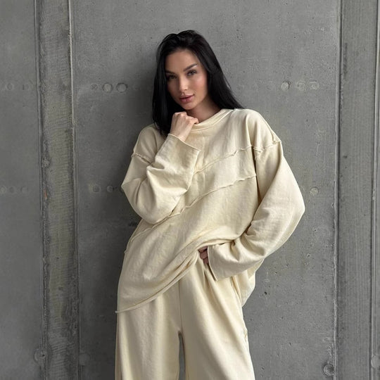 Damen weiches Oversize Lounge-Set mit diagonalem Ziernähten und extra weiter Palazzo-Hose Shop Nory