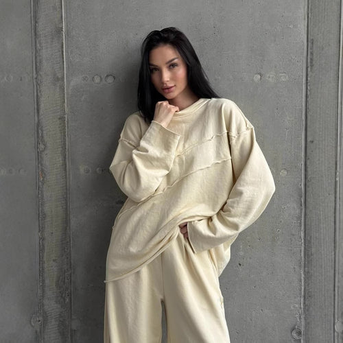 Damen weiches Oversize Lounge-Set mit diagonalem Ziernähten und extra weiter Palazzo-Hose Shop Nory