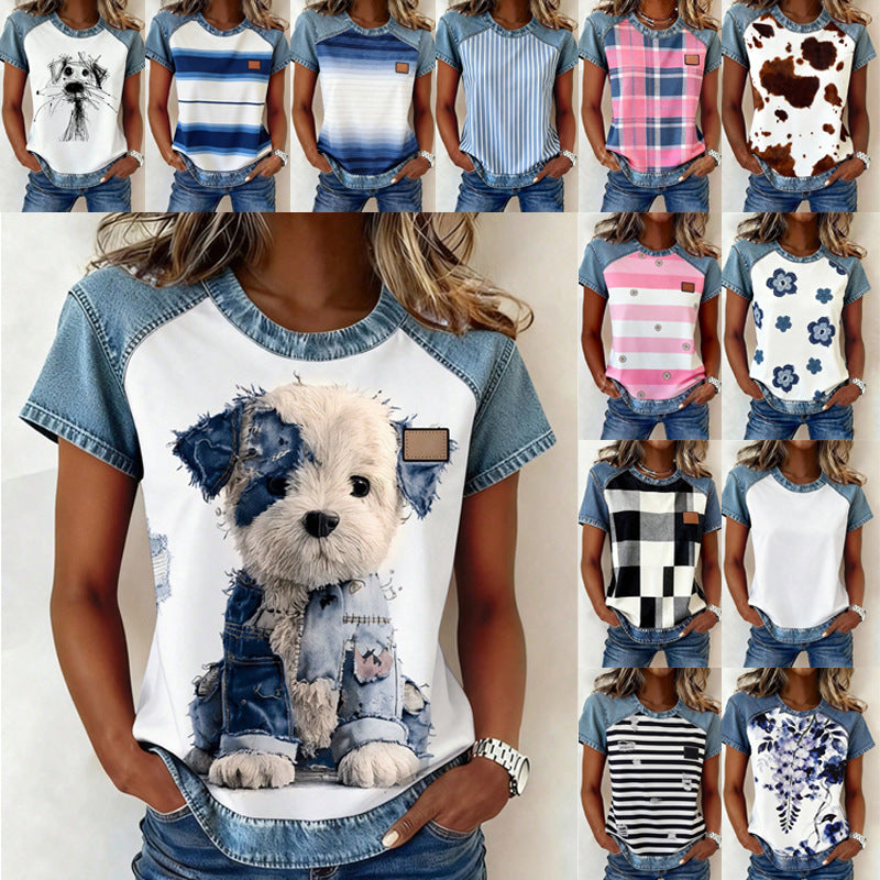 Damen Kurzarmshirt mit Jeans-Einsätzen und Teddy-Patchprint Shop Nory