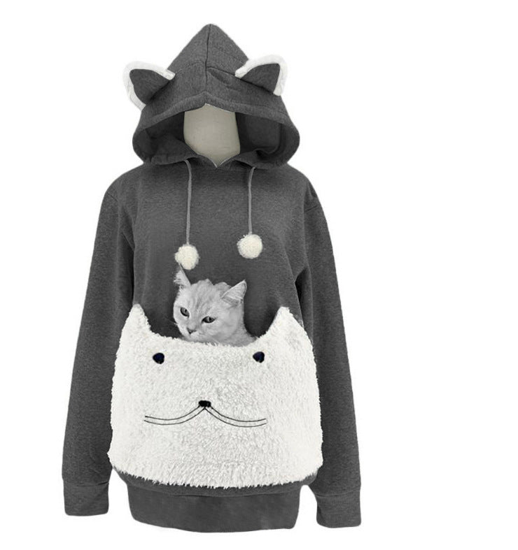 Damen Kuscheliger Kapuzenpullover mit Katzenmotiv und praktischer Känguru-Tasche