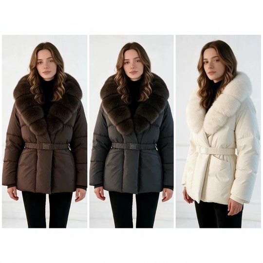 Damen nan taillierte Steppjacke mit übergroßem Webpelzkragen, taillierendem Gürtel und wärmender Thermofüllung Shop Nory