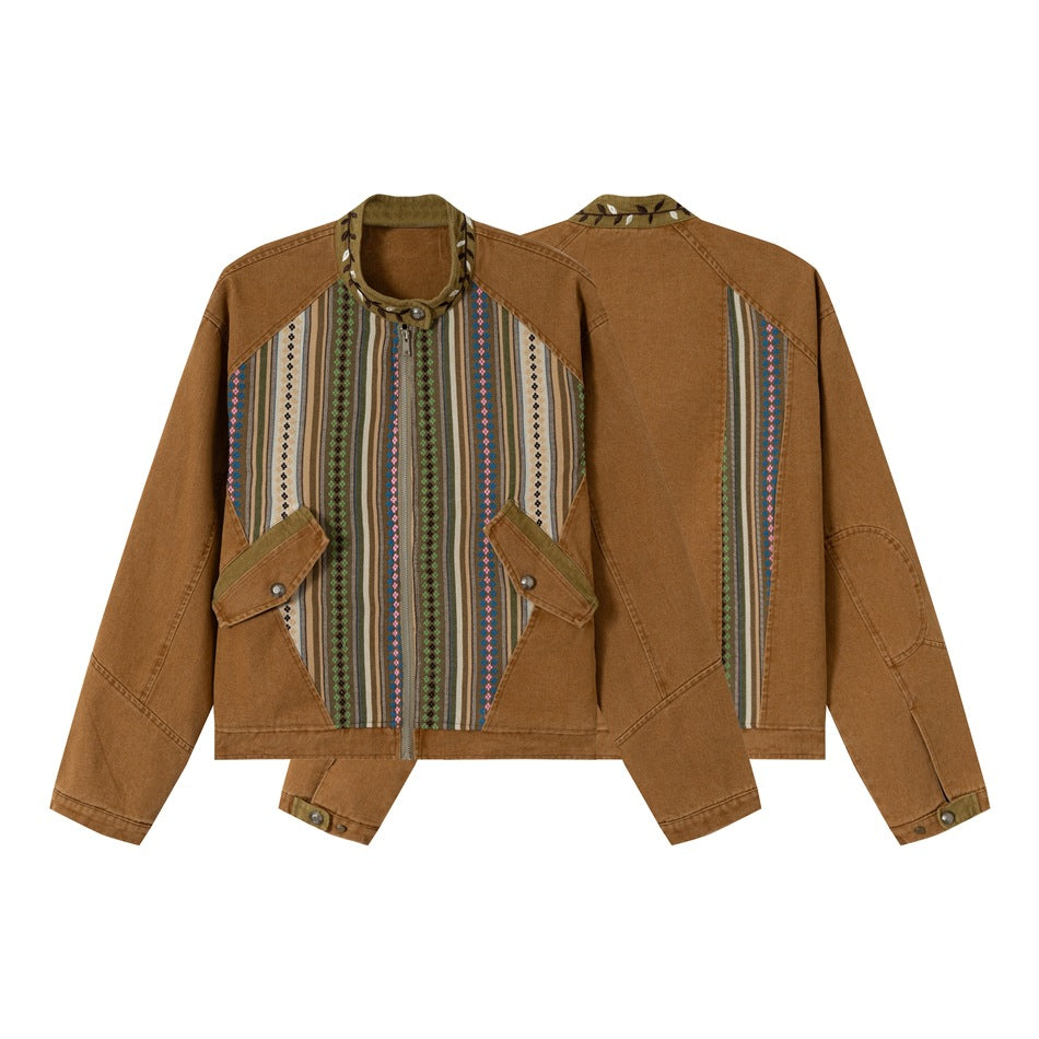 Damen kurze Baumwoll-Blousonjacke mit Ethno‑Webpaneelen und Cordbesatz Shop Nory