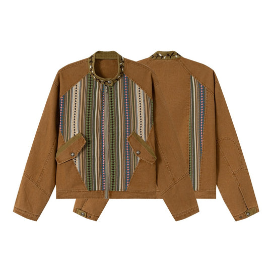 Damen kurze Baumwoll-Blousonjacke mit Ethno‑Webpaneelen und Cordbesatz Shop Nory