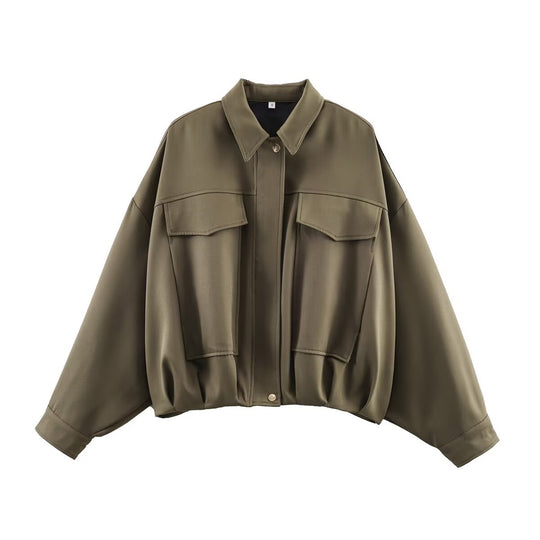Damen Oversize Kurzjacke mit aufgesetzten Pattentaschen, Tropfenärmeln und elastischem Saum Shop Nory