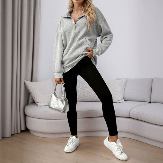 Damen lässiges Oversized-Halbzip-Sweatshirt mit hohem Kragen und Kängurutaschen Shop Nory