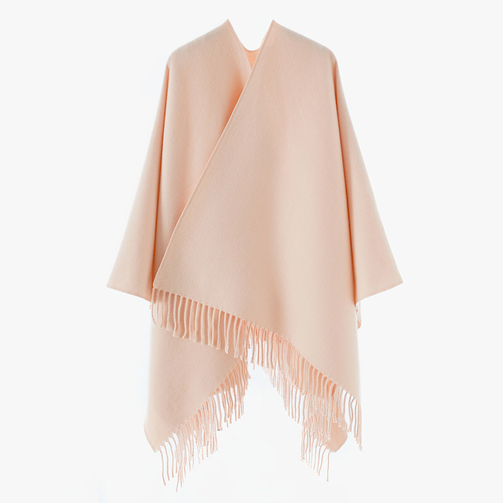 Damen Reversloser Oversize-Capeponcho mit V‑Ausschnitt, Wollmix und Fransensaum Shop Nory