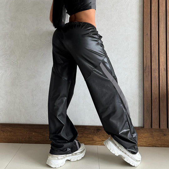 Damen nan weite Kunstleder-Trackpants mit elastischem Bund, Tunnelzug und seitlichen Streifen Shop Nory