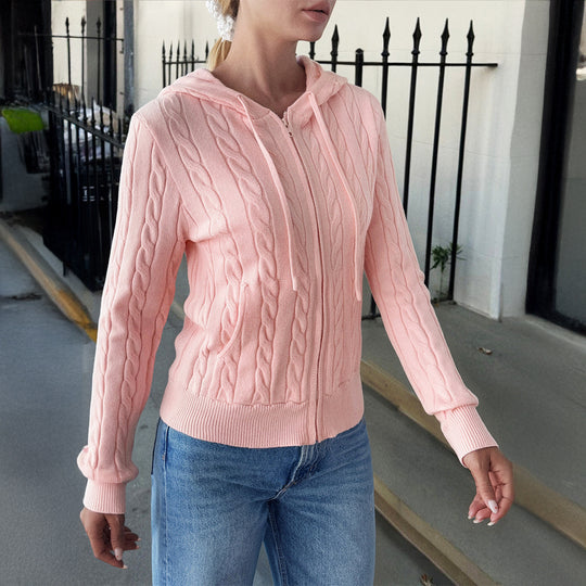 Damen nan Kapuzen-Strickjacke mit Reißverschluss, Zopfstrickstruktur und Kängurutasche Shop Nory
