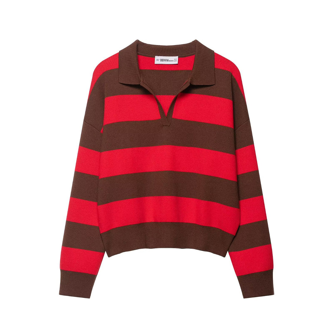 Damen Gestreifter Oversize-Rugby-Pullover mit Polokragen und V-Ausschnitt Shop Nory