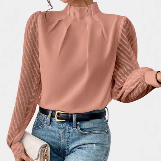 Damen Elegante Chiffonbluse mit Stehkragen, Faltenkante und transparenten Jacquard-Ärmeln Shop Nory