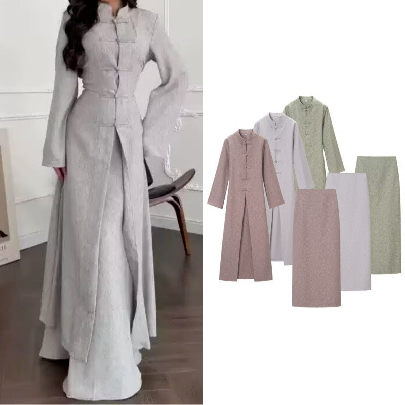 Damen Langärmliges Maxikleid mit Stehkragen Knebelknopfverschluss und vorderem Schlitz Shop Nory