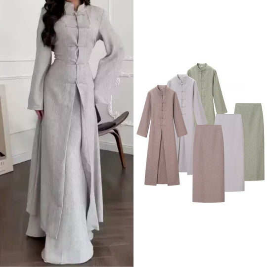 Damen Langärmliges Maxikleid mit Stehkragen Knebelknopfverschluss und vorderem Schlitz Shop Nory