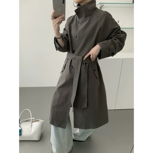 Damen Midilanger Trenchcoat mit hohem Stehkragen, Bindegürtel und lässiger Oversize-Silhouette Shop Nory
