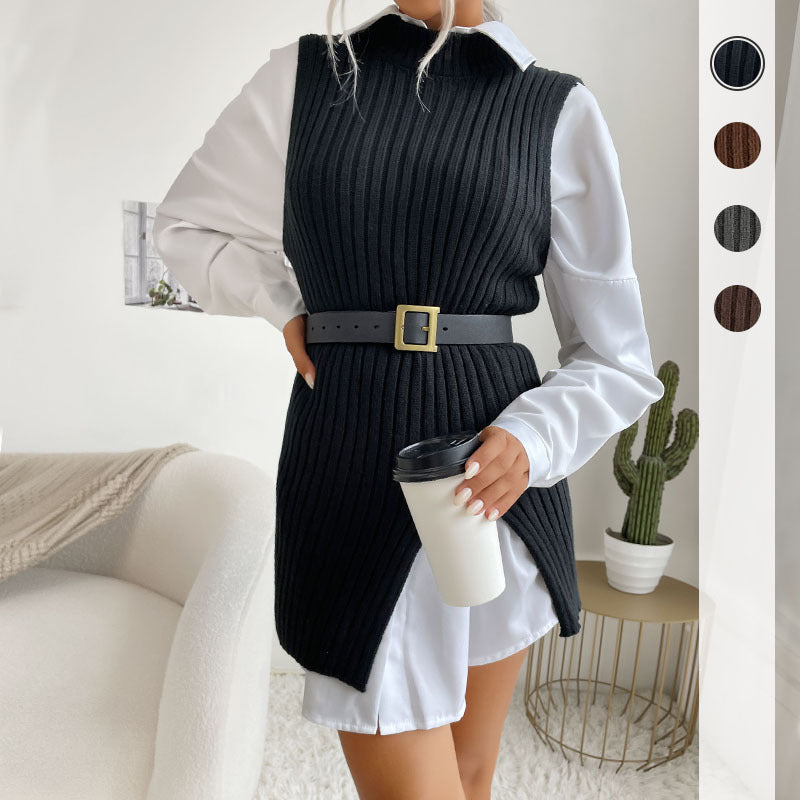 Damen Gerippte Strick‑Tunika mit Stehkragen, seitlichen Schlitzen und figurbetonter Silhouette Shop Nory