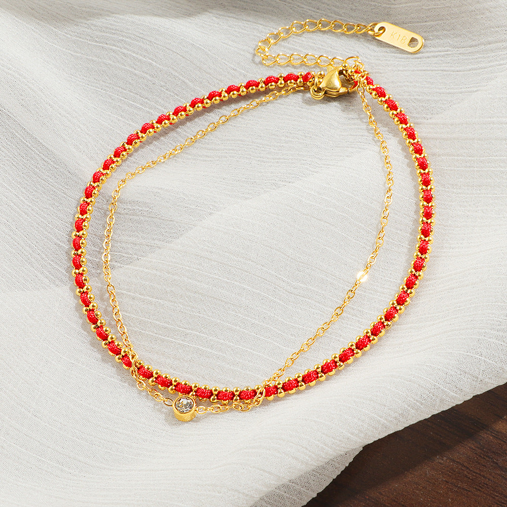 Damen Fußkette mit funkelnden Steinen und rotem Design Shop Nory