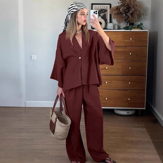 Damen Lässiges Leinenoptik-Zweiteiler mit Kimono-Blazer und weiter Palazzohose Shop Nory