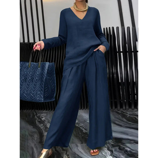 Damen Feiner V-Ausschnitt Strickpullover mit fließender Palazzo-Hose Shop Nory
