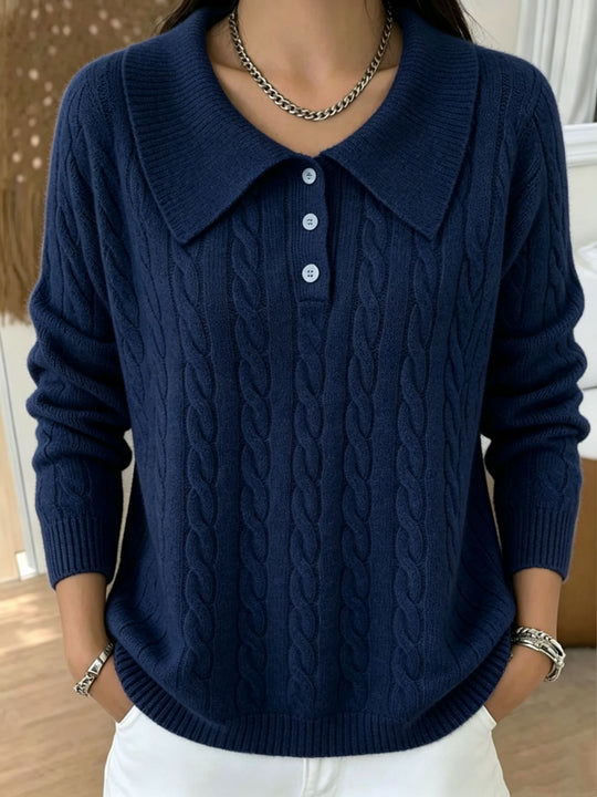 Damen Kabelstrick-Polo-Pullover mit großem Umlegekragen und lockerer Silhouette Shop Nory