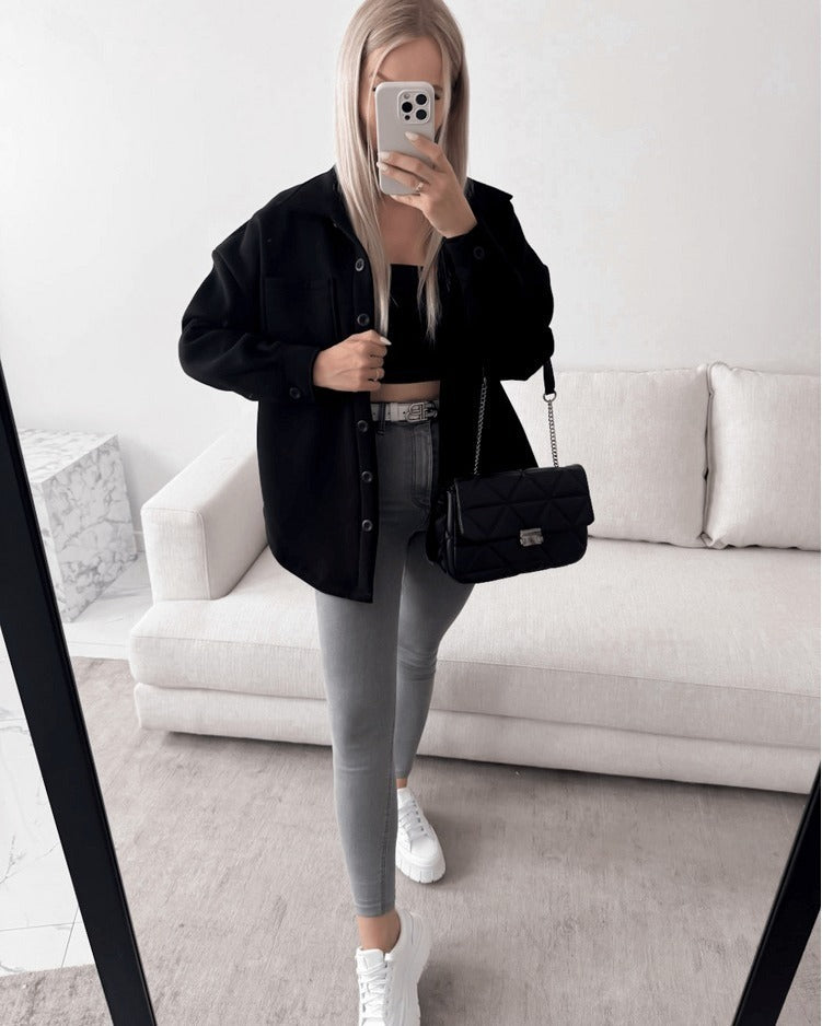 Damen Oversized Hemdjacke Shacket aus weichem Wollmix mit aufgesetzten Brusttaschen Shop Nory